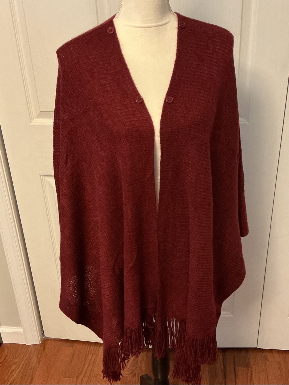 Open-Front Fringe Poncho Sweater - Burgundy